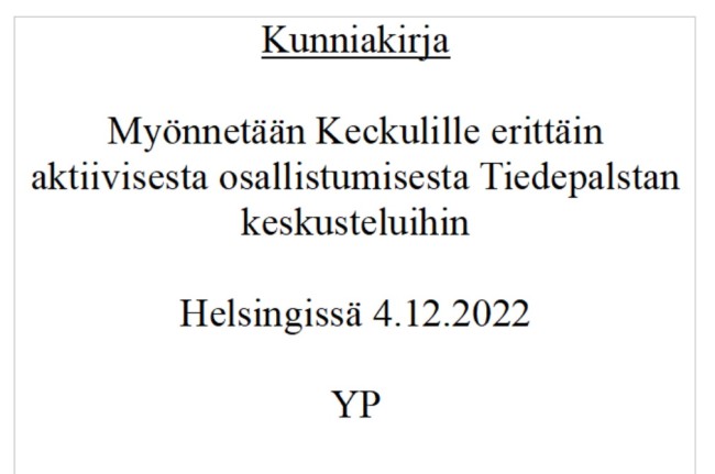 Olen ylpeä kunniakirjastani
