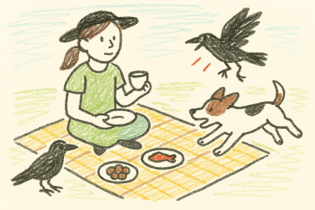 Piknik auringossa ja koira jahtaa varista.png